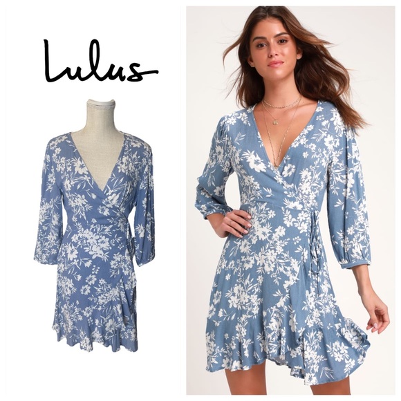 Lulus Dresses & Skirts - Lulu’s Floral in This Together Dusty Blue Floral Print Wrap Dress